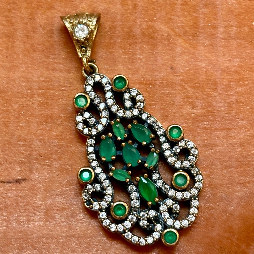 Emerald Topaz Pendant, Sterling Silver, Bronze & Crystal Topaz Vintage